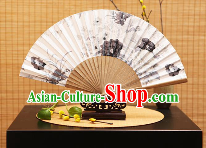 Traditional Chinese Crafts Folding Fans Ink Painting Peony White Silk Fan for Women