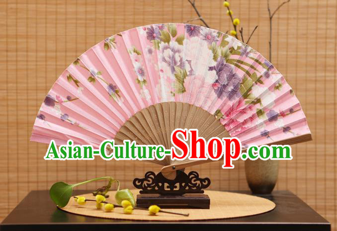 Traditional Chinese Crafts Folding Fans Painting Peony Flowers Pink Silk Fan for Women