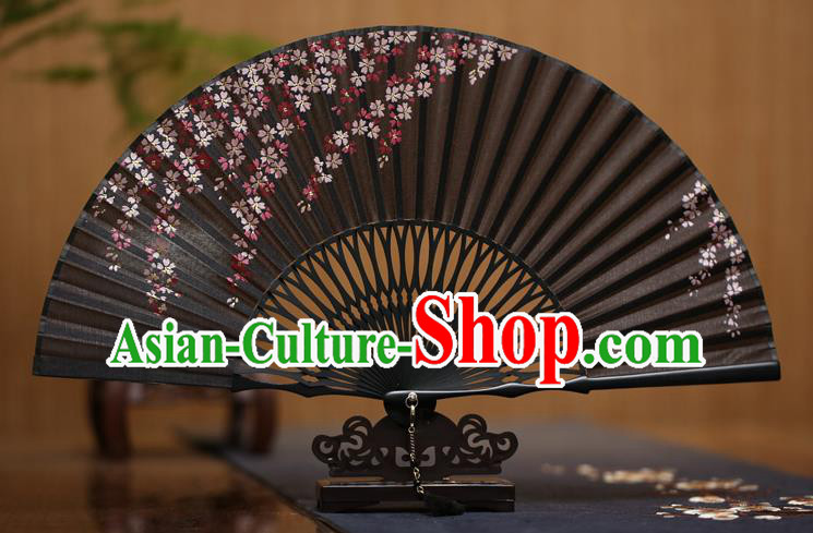 Traditional Chinese Crafts Printing Oriental Cherry Black Folding Fan Paper Fans for Men
