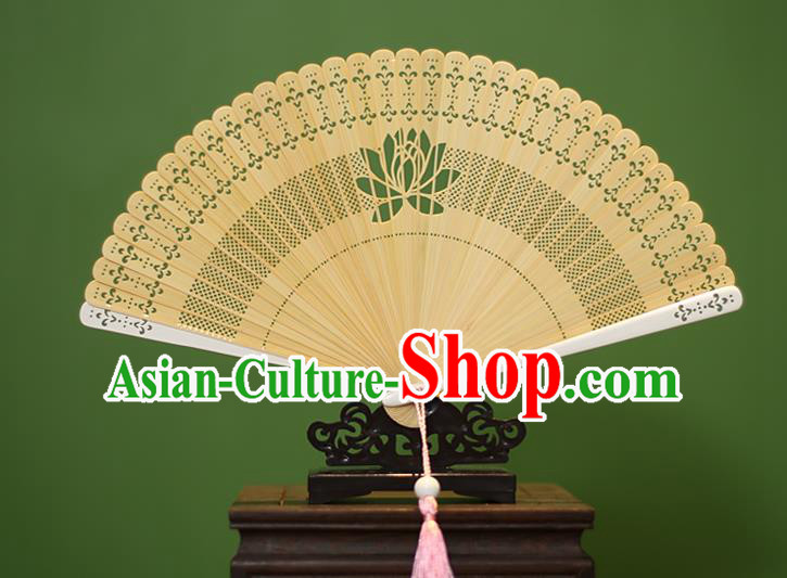 Traditional Chinese Crafts Yellow Folding Fan Hollow Out Lotus Bamboo Fans for Women
