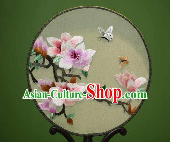 Traditional Chinese Crafts Embroidered Magnolia Round Fan, China Palace Fans Princess Silk Circular Fans for Women