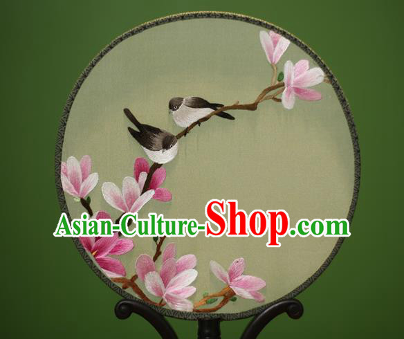 Traditional Chinese Crafts Embroidered Magnolia Birds Round Fan, China Palace Fans Princess Silk Circular Fans for Women