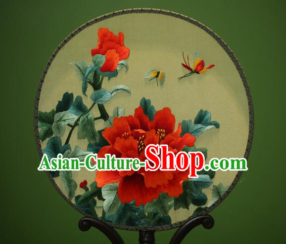 Traditional Chinese Crafts Embroidered Red Peony Round Fan, China Palace Fans Princess Silk Circular Fans for Women