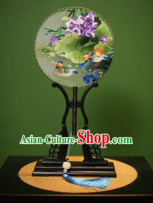 Traditional Chinese Crafts Embroidered Mandarin Duck Round Fan, China Palace Fans Princess Silk Circular Fans for Women