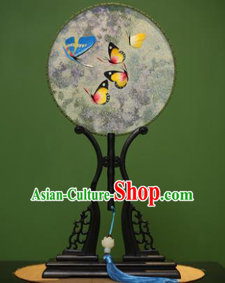 Traditional Chinese Crafts Embroidered Butterfly Round Fan, China Palace Fans Princess Silk Circular Fans for Women