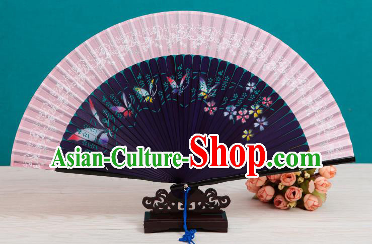 Traditional Chinese Crafts Folding Fan, China Printing Butterfly Purple Silk Fans for Women