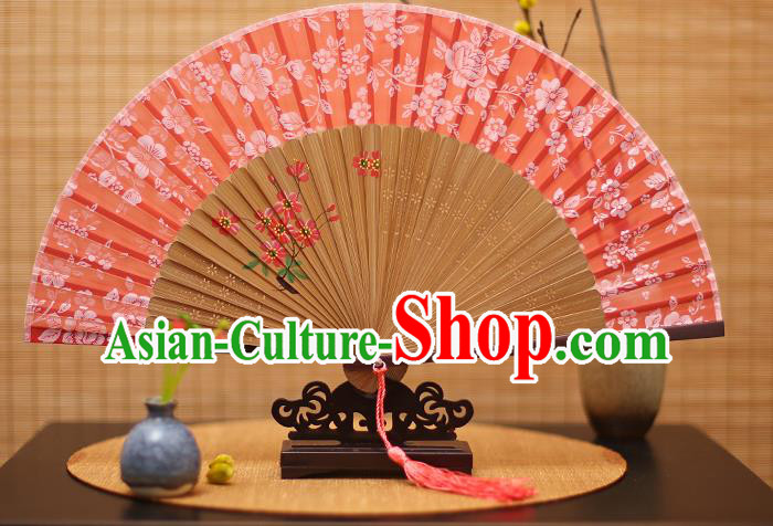 Traditional Chinese Crafts Folding Fan, China Printing Flowers Red Silk Fans for Women
