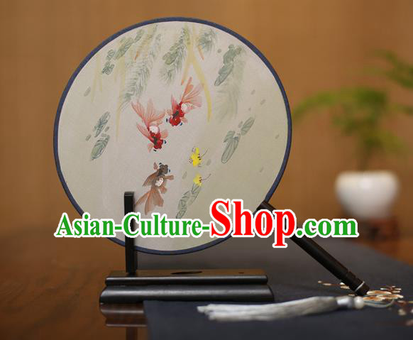 Traditional Chinese Crafts Round Silk Fan, China Palace Fans Princess Printing Goldfish Circular Fans for Women