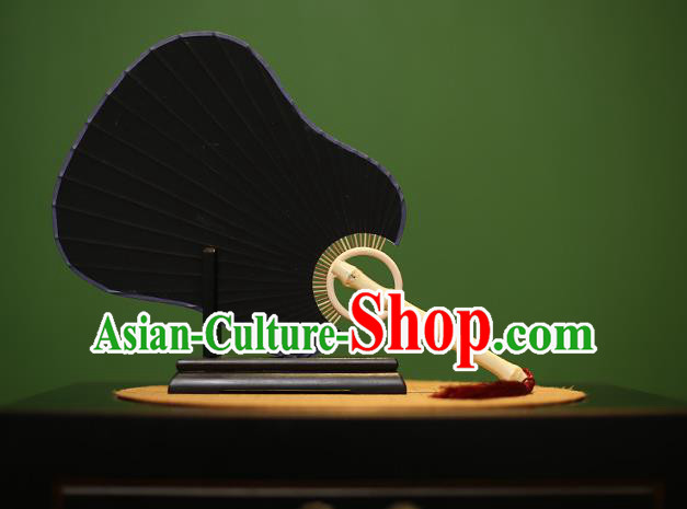 Traditional Chinese Crafts Black Palm-leaf Xuan Paper Fan, Chinese Art Paper Palace Fans Bamboo Handle Fans for Women