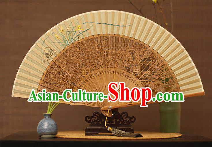 Traditional Chinese Crafts Hand Painting Orchid Silk Folding Fan, China Handmade Hollow Out Bamboo Fans for Women
