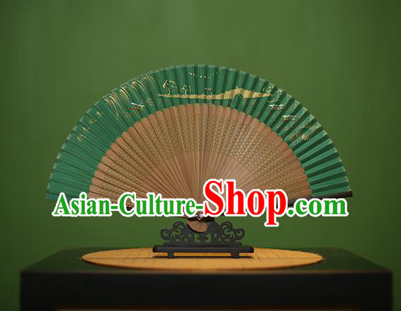 Traditional Chinese Crafts Hand Painting Leifeng Pagoda Green Silk Folding Fan, China Handmade Bamboo Fans for Women
