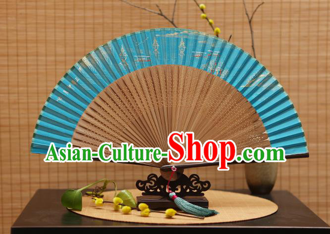 Traditional Chinese Crafts Hand Painting West Lake Blue Silk Folding Fan, China Handmade Bamboo Fans for Women
