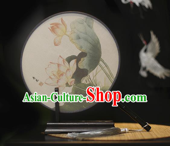 Traditional Chinese Crafts Printing Lotus Flowers Silk Round Fan, China Palace Fans Princess Circular Fans for Women