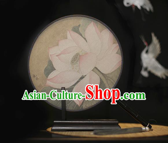 Traditional Chinese Crafts Printing Pink Lotus Silk Round Fan, China Palace Fans Princess Circular Fans for Women