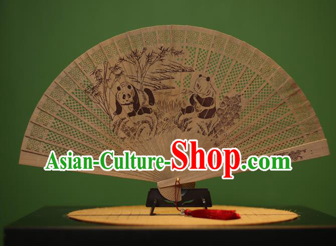 Traditional Chinese Crafts Sandalwood Folding Fan, China Handmade Carving Panda Incienso Fans for Women