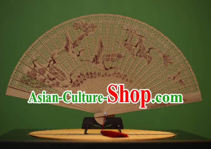 Traditional Chinese Crafts Sandalwood Folding Fan, China Handmade Carving Cranes Incienso Fans for Women