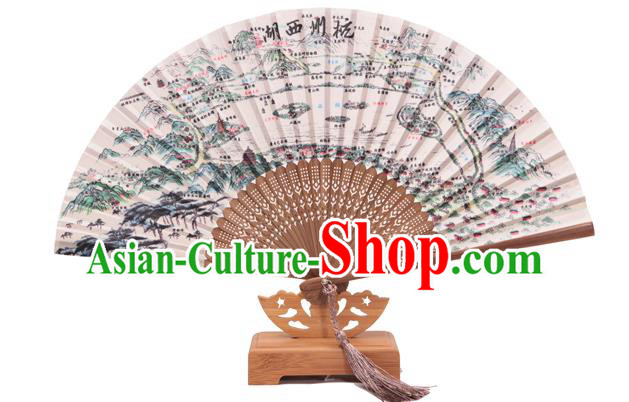Traditional Chinese Crafts Printing West Lake Scenery Classical Folding Fan, China Handmade Silk Fans for Women