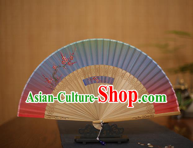 Traditional Chinese Crafts Printing Plum Blossom Folding Fan, China Handmade Classical Blue Silk Fans for Women