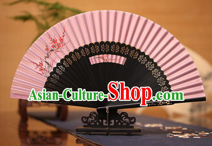 Traditional Chinese Crafts Printing Plum Blossom Folding Fan, China Handmade Classical Pink Silk Fans for Women