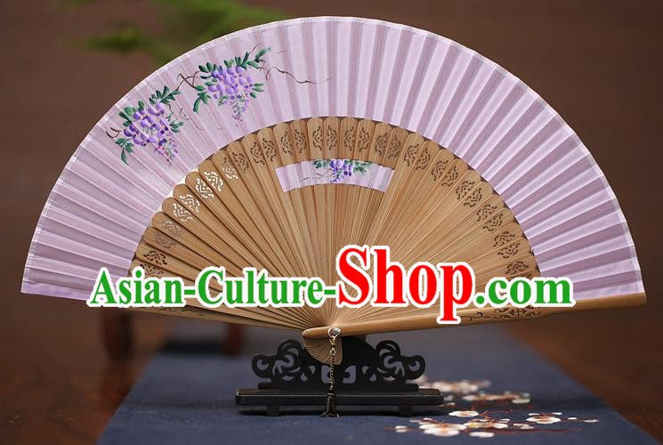 Traditional Chinese Crafts Printing Wisteria Folding Fan, China Handmade Classical Lilac Silk Fans for Women