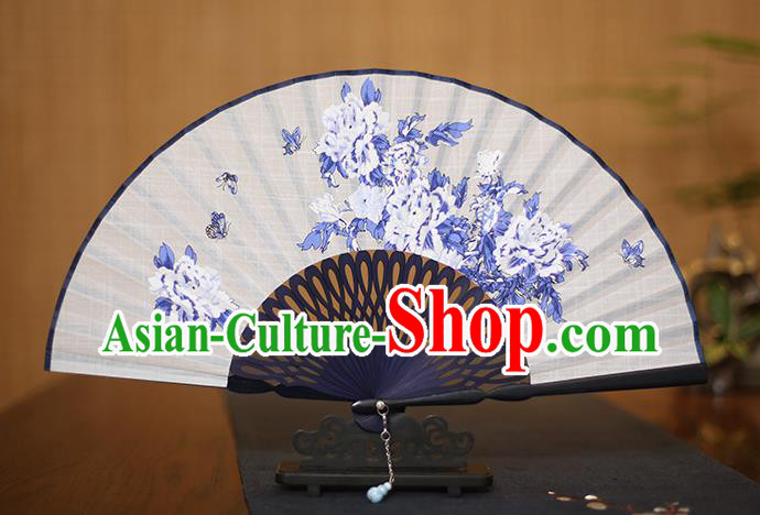 Traditional Chinese Crafts Printing Peony Folding Fan, China Handmade Classical White Fans for Women