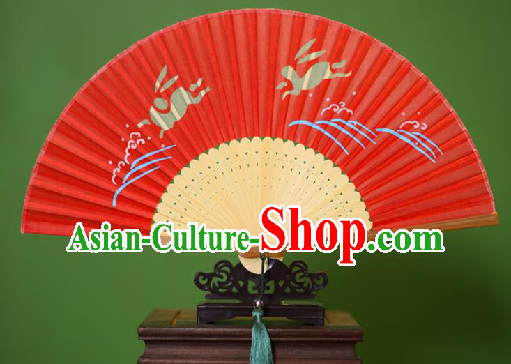 Traditional Chinese Crafts Printing Rabbit Folding Fan, China Handmade Classical Red Silk Fans for Women