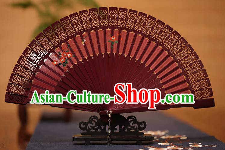 Traditional Chinese Crafts Hand Painting Folding Fan, China Handmade Classical Carving Red Fans for Women