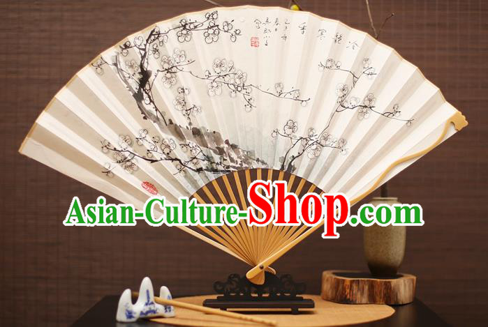 Traditional Chinese Crafts Collectables Autograph Folding Fan, China Handmade Classical Ink Painting Wintersweet Xuan Paper Fans for Men
