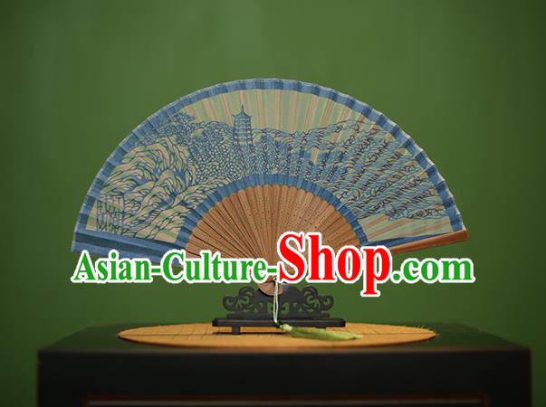 Traditional Chinese Crafts Hand Painting West Lake Scenery Folding Fan, China Handmade Classical Blue Silk Fans for Women
