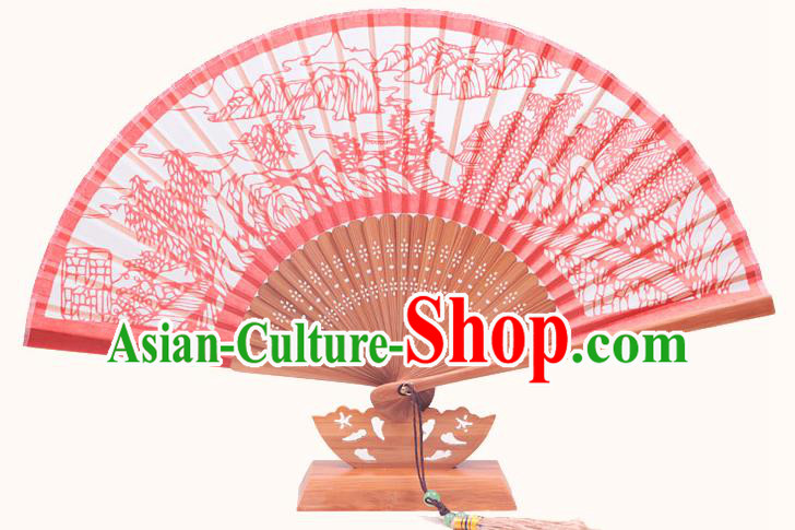 Traditional Chinese Crafts Night Bell In Nanping Mountain Folding Fan, China Handmade Classical Red Silk Fans for Women