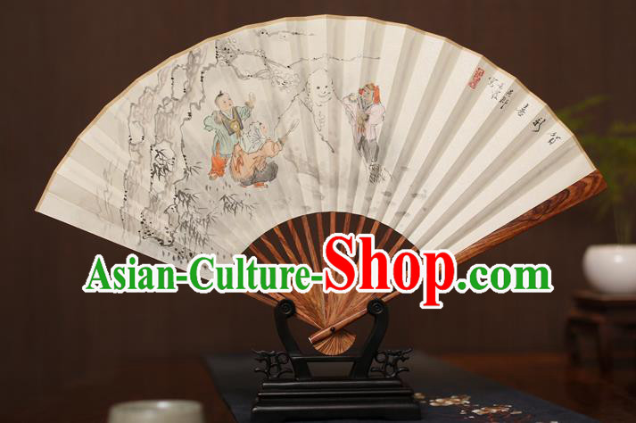 Traditional Chinese Crafts Ink Painting Snowmen Paper Folding Fan, China Handmade Pear Wood Fans for Men