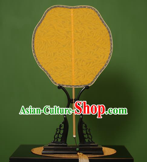 Traditional Chinese Crafts Yellow Jacquard Weave Lace Palace Fan, China Handmade Princess Palm-Leaf Fans for Women