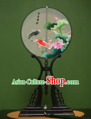 Traditional Chinese Crafts Suzhou Embroidery Lotus Fish Palace Fan, China Princess Embroidered Silk Round Fans for Women