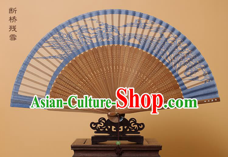 Traditional Chinese Crafts West Lake Scenery Folding Fan, China Handmade Scissor-Cut Blue Silk Fans for Women