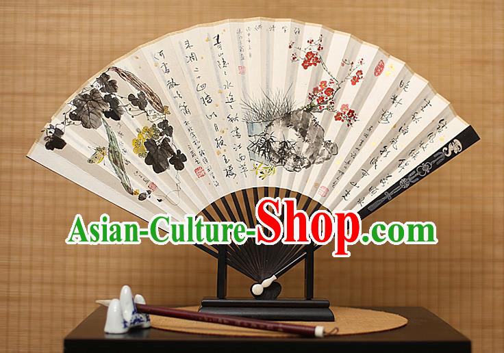 Traditional Chinese Crafts Collectables Autograph Xuan Paper Folding Fan, China Handmade Ink Painting Wintersweet Fans for Men