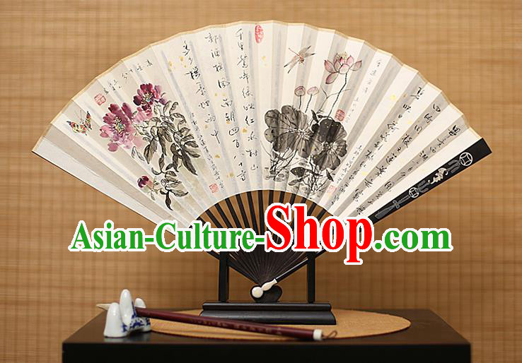 Traditional Chinese Crafts Collectables Autograph Xuan Paper Folding Fan, China Handmade Ink Painting Lotus Peony Fans for Men