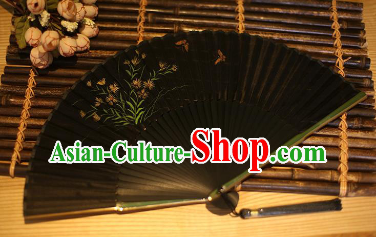 Traditional Chinese Crafts Printing Orchid Classical Folding Fan, China Handmade Black Silk Fans for Women