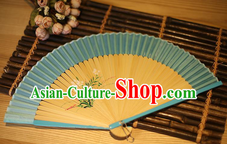 Traditional Chinese Crafts Printing Flowers Classical Folding Fan, China Handmade Blue Silk Fans for Women