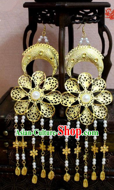 Traditional Chinese Handmade Jewelry Accessories Bride Golden Tassel Earrings Hanfu Eardrop for Women