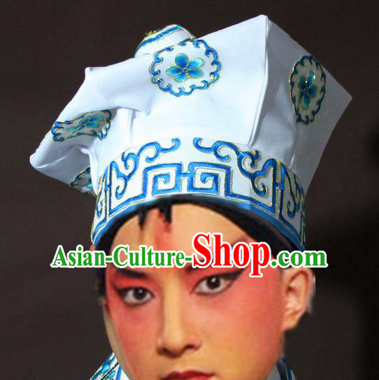 Traditional China Beijing Opera Takefu White Hats, Chinese Peking Opera Imperial Bodyguard Embroidered Headwear