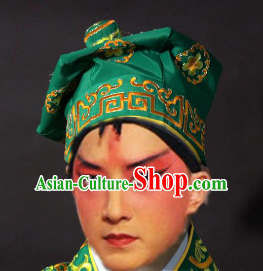 Traditional China Beijing Opera Takefu Green Hats, Chinese Peking Opera Imperial Bodyguard Embroidered Headwear