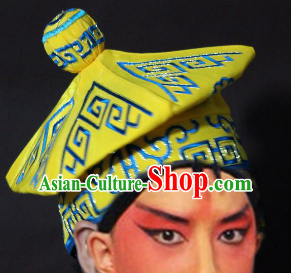 Traditional China Beijing Opera Takefu Yellow Hats, Chinese Peking Opera Imperial Bodyguard Embroidered Headwear