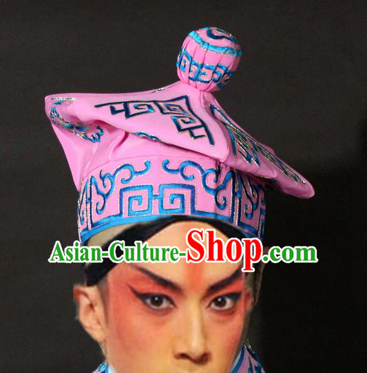 Traditional China Beijing Opera Takefu Pink Hats, Chinese Peking Opera Imperial Bodyguard Embroidered Headwear