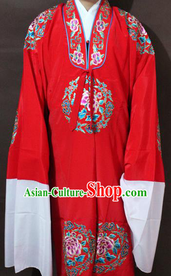 Traditional China Beijing Opera Niche Costume Red Embroidered Robe, Chinese Peking Opera Lang Scholar Clothing