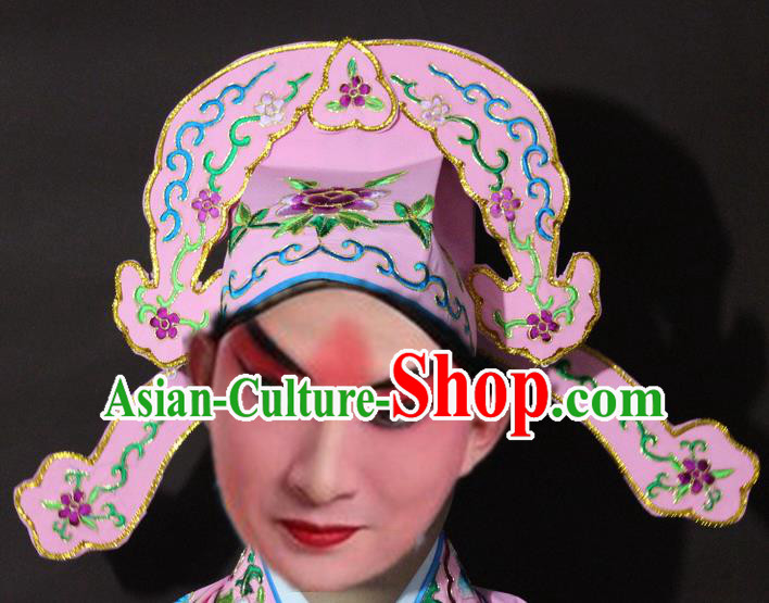 Traditional China Beijing Opera Niche Embroidery Pink Hats, Chinese Peking Opera Scholar Headwear