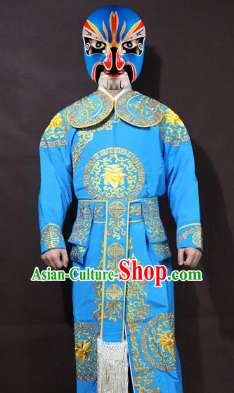 Traditional China Beijing Opera Takefu Embroidery Blue Costume, Chinese Peking Opera Soldiers Embroidered Clothing