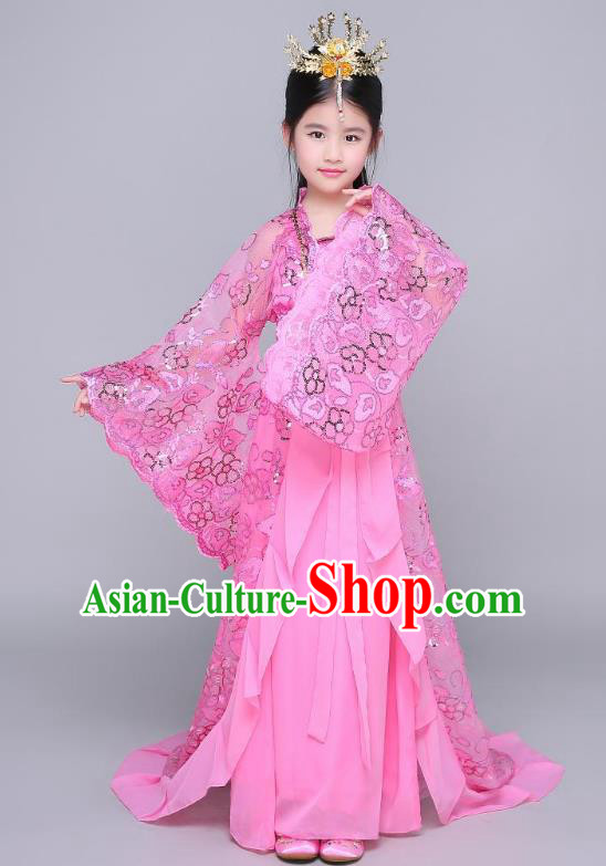 Traditional Chinese Ancient Children Peri Hanfu Clothing, China Tang Dynasty Palace Princess Costume Trailing Dress for Kids