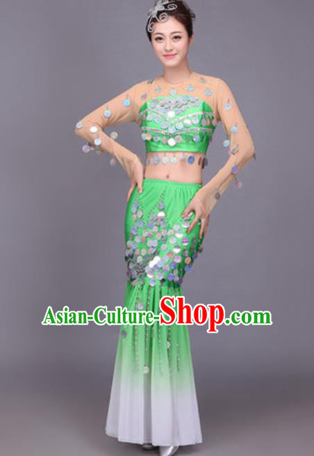 Chinese Traditional Dai Nationality Peacock Dance Costume Pavane Sequins Green Dress for Women