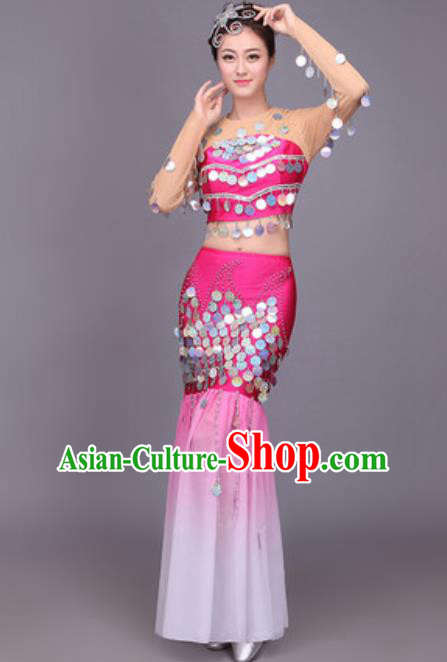 Chinese Traditional Dai Nationality Peacock Dance Costume Pavane Sequins Rosy Dress for Women