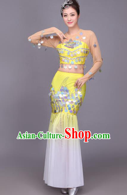 Chinese Traditional Dai Nationality Peacock Dance Costume Pavane Sequins Yellow Dress for Women